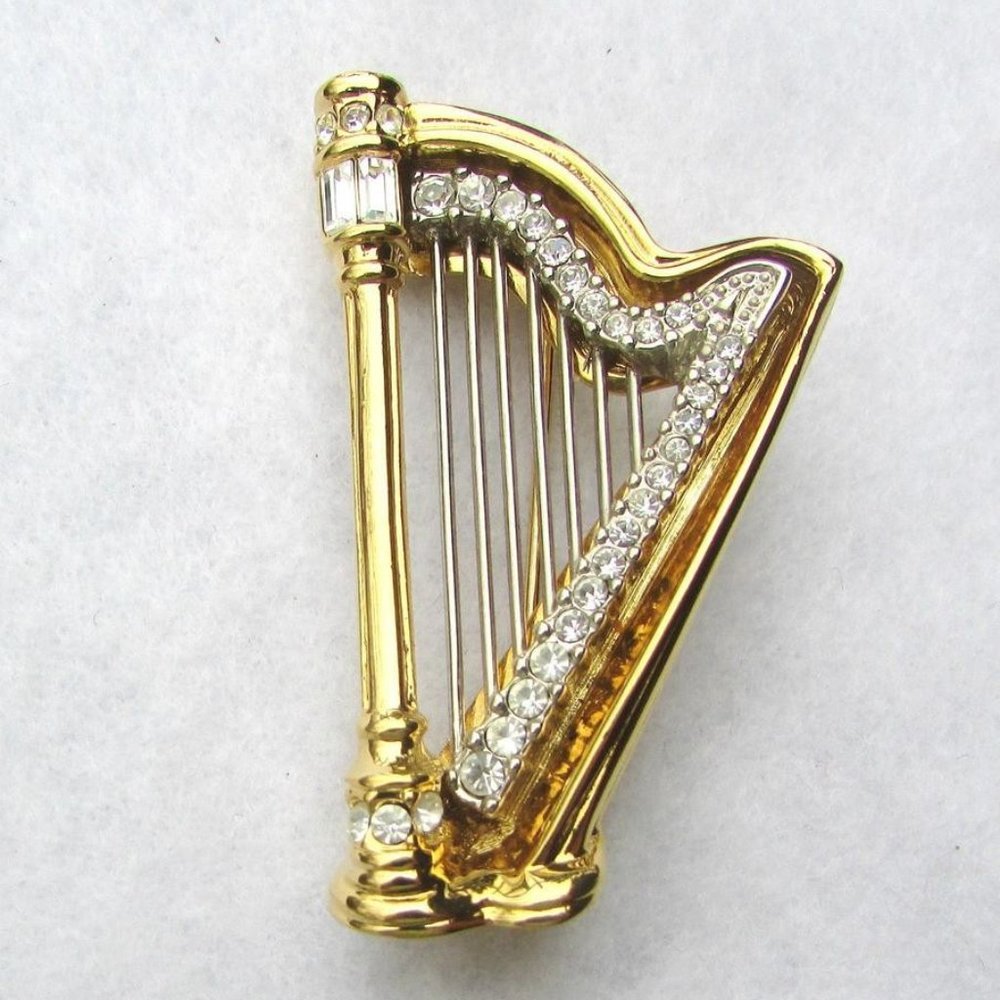 Swarovski Crystal Harp Gold & Silver-Tone Brooch Pin Passes as Brand New